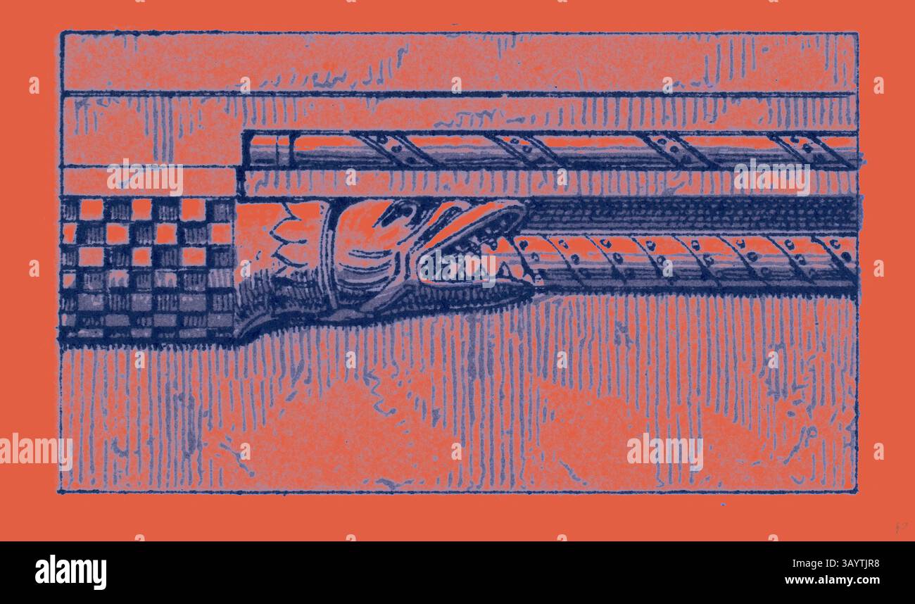 Eine detailreiche Illustration mit einer schlangenähnlichen Kreatur mit offenem Mund, die um eine gemusterte Röhre verflochten ist, vor einem lebendigen Hintergrund. Das Design zeigt eine Mischung aus abstrakten Formen und Texturen, die einen beeindruckenden visuellen Kontrast erzeugen. Renaissance Ornament Klassische Kunst mit modernem Touch, neu gestaltet von Artotop Stockfoto