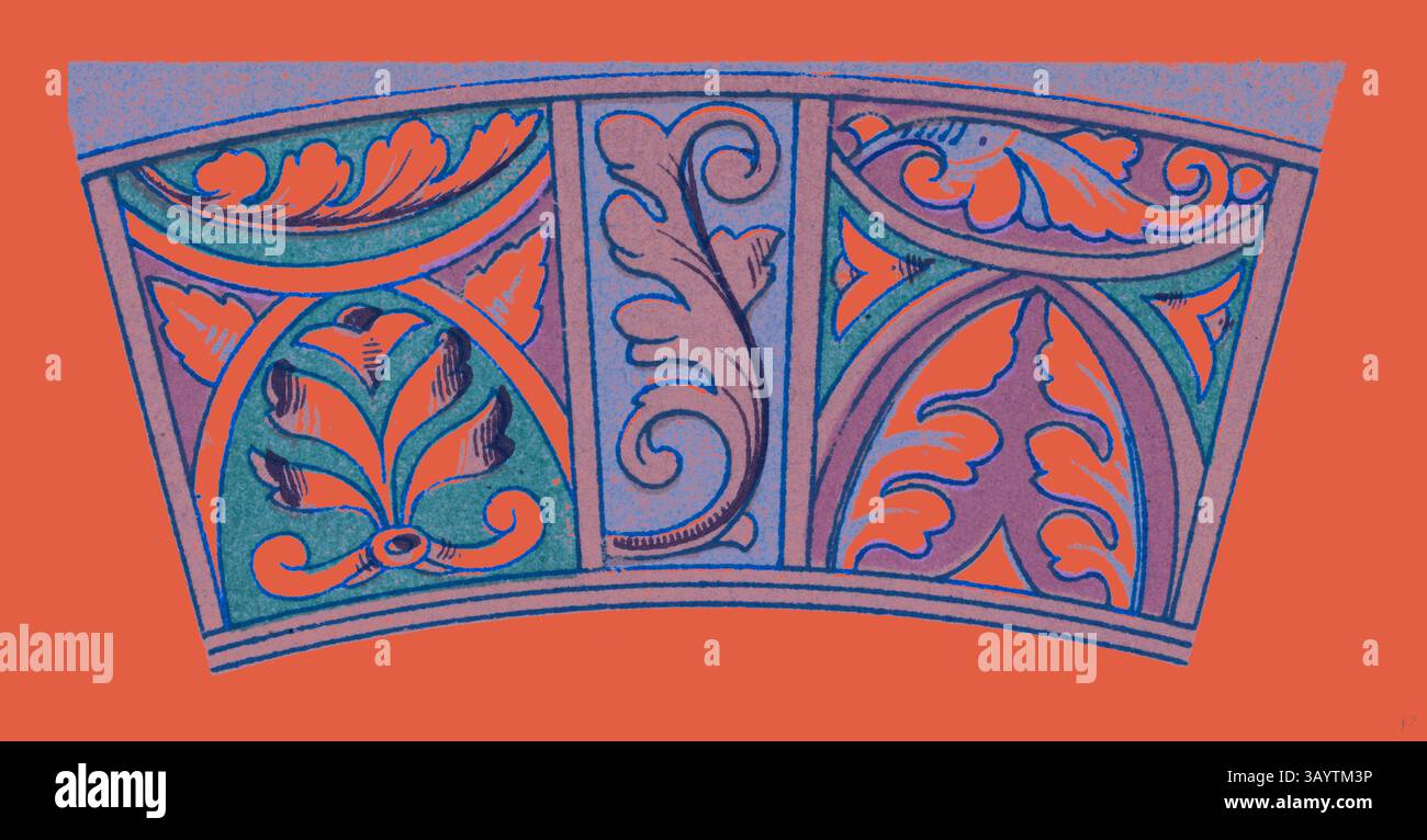 Ein dekoratives architektonisches Element mit komplexen floralen und geometrischen Mustern, hervorgehoben in lebhaften Farben vor einem auffälligen Hintergrund. Renaissance Ornament Klassische Kunst mit modernem Touch, neu gestaltet von Artotop Stockfoto