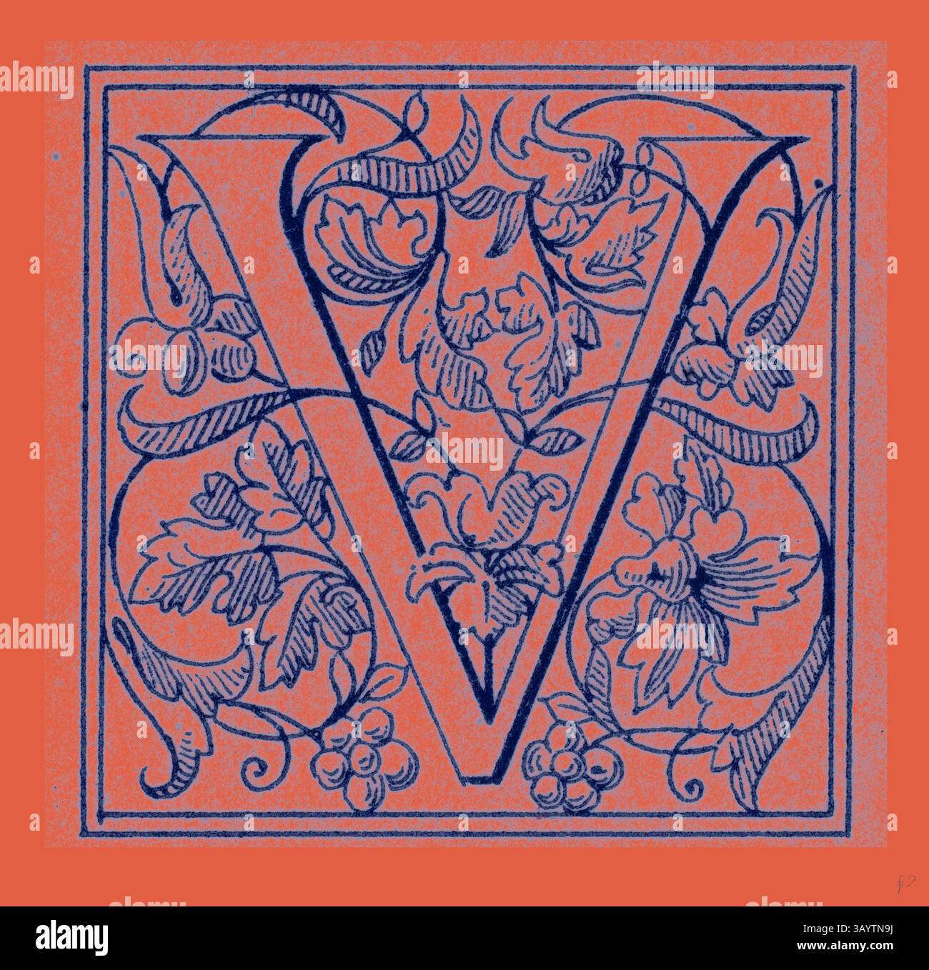 Ein dekorativer Buchstabe „V“, umgeben von komplizierten Blumenmustern, mit wirbelnden Weinstöcken und Blättern in kontrastierenden Farben. Italienisches Ornament Klassische Kunst mit modernem Touch, neu gestaltet von Artotop Stockfoto