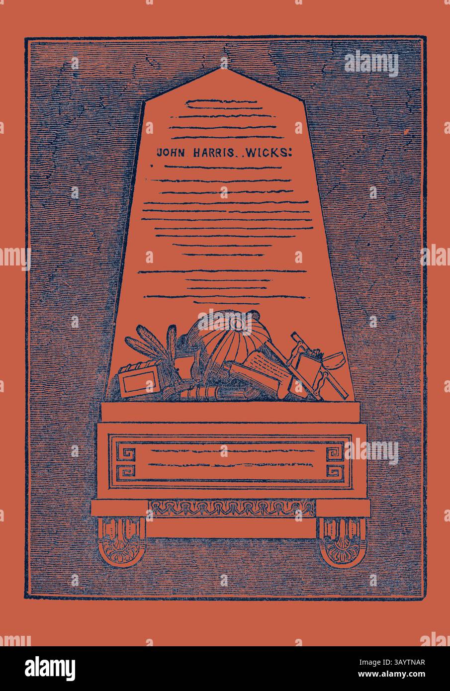 Eine kunstvoll verzierte Gedenktafel mit einem komplizierten Design, verziert mit Werkzeugen und Symbolen, die eine Ehrfurcht vor Handwerkskunst und Hingabe vermitteln. Der Name „John Harris Wicks“ ist deutlich sichtbar und unterstreicht die Hommage an eine einflussreiche Persönlichkeit. Denkmal für John Harris Wicks, in Egham Church, großbritannien, großbritannien, großbritannien, europa, vereinigtes Königreich, großbritannien, europäische Klassische Kunst mit einem modernen Twist, neu interpretiert von Artotop Stockfoto