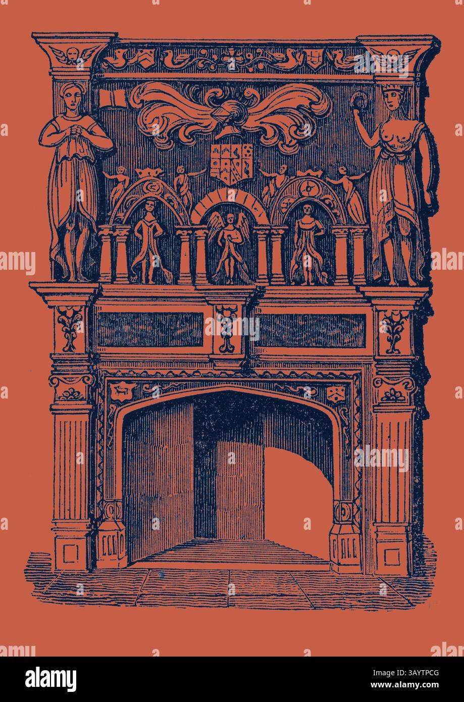 Ein kunstvoller Kamin mit Skulpturen und komplexen architektonischen Details, mit zwei hohen, prächtigen Figuren, die einen kunstvollen Bogengang flankieren. Das Design zeigt eine Mischung aus Kunstfertigkeit und Handwerkskunst, die durch dekorative Elemente und Symbole über dem Mantel hervorgehoben wird. Schornsteinstück in Rugge Hall, Norfolk, UK Klassische Kunst mit einem modernen Touch, neu interpretiert von Artotop Stockfoto