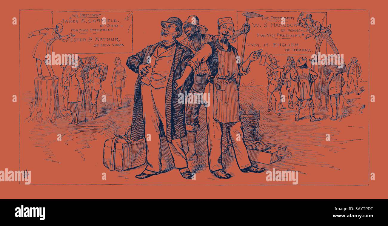 Eine satirische Illustration mit verschiedenen Persönlichkeiten aus der politischen Landschaft, die eine Mischung von Charakteren zeigt, die verschiedene Berufe und soziale Klassen repräsentieren, die alle an einer Diskussion über Präsidentschaftskandidaten beteiligt sind. Die Kulisse umfasst eine rustikale Kulisse mit Schildern, die politische Zugehörigkeit und Wahlthemen zeigen und die politische Satire der Ära betonen. Das Land ist sicher. Republikanische Redner: Wenn die Demokratische Partei die Präsidentschaft gewinnt, ist das Land verloren. Demokratische Redner: Das Land wird kopfüber in den Ruin gehen, wenn die Republikaner die Wahlen durchführen. Us, Gravur 1880 1881 Stockfoto