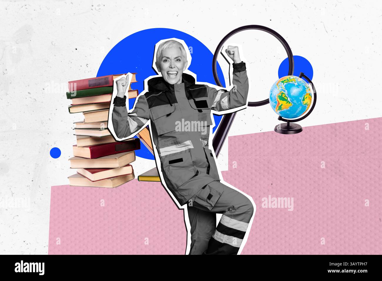 Skizzendesign 3D Collage von Arzt Krankenhaus Praktiker verschreibungspflichtig alte Frau aufgeregt Lächeln Stapel Buch Globus Karte Zoom Glas Studie Stockfoto