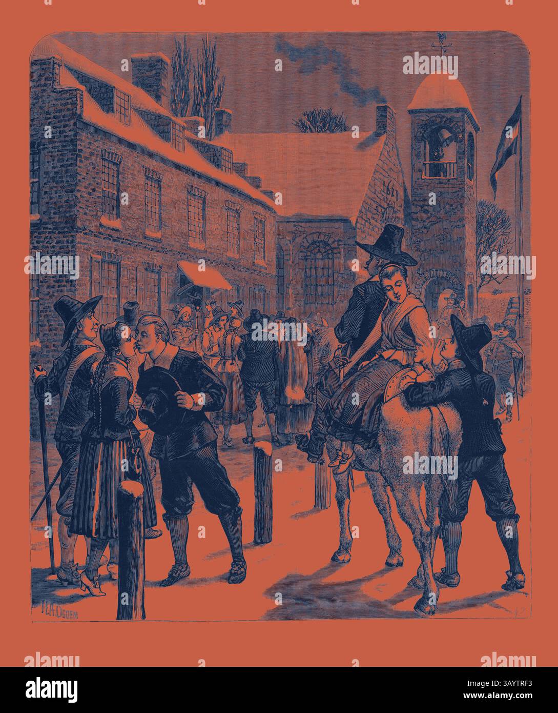 Eine geschäftige Dorfszene aus dem 17. Jahrhundert fängt ein lebhaftes Treffen mit Stadtbewohnern ein, die sich unterhalten und Freundlichkeiten austauschen. Eine Frau auf dem Pferd, die mit historischen Kleidern geschmückt ist, trägt zur festlichen Atmosphäre bei, während die Zuschauer amüsante Blicke teilen. Die Kulisse bietet historische Gebäude, die ein Gefühl von Gemeinschaft und Tradition betonen. Neujahrsrufe zu den Tagen von Peter Stuyvesant, Gouverneur von New Amsterdam (New York). USA, Gravur 1880 1881 Klassische Kunst mit modernem Touch, neu gestaltet von Artotop Stockfoto