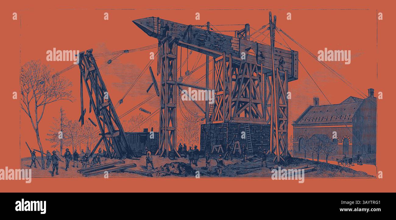 Eine große Bauszene mit einem hoch aufragenden Rahmen und Riemenscheiben, in der zahlreiche Arbeiter mit scheinbar schwerem Heben oder Bauen beschäftigt sind. Bäume und ein Gebäude sind im Hintergrund sichtbar, was auf eine industrielle Umgebung hinweist. New York: Die Methode, mit der der ägyptische Obelisk in seiner dauerhaften Position im Central Park, Januar, USA, spielte 1880 1881 klassische Kunst mit einem modernen Twist, der von Artotop neu interpretiert wurde Stockfoto