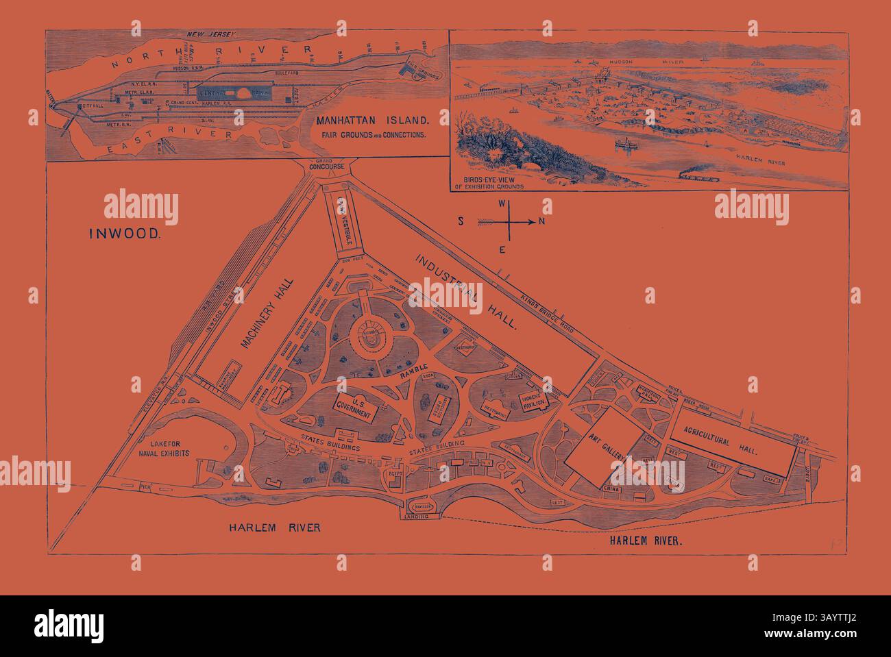 Eine detaillierte Karte, die das Layout von Manhattan Island zeigt und wichtige Merkmale wie Wasserstraßen, umliegende Viertel und bemerkenswerte Wahrzeichen in leuchtenden Orangetönen hervorhebt. New York: Grundriss und Höhe der Gebäude. Vorgeschlagene Wege und Ansätze für die Weltausstellung in Inwood. USA, Gravur 1880 1881 Klassische Kunst mit modernem Touch, neu gestaltet von Artotop Stockfoto