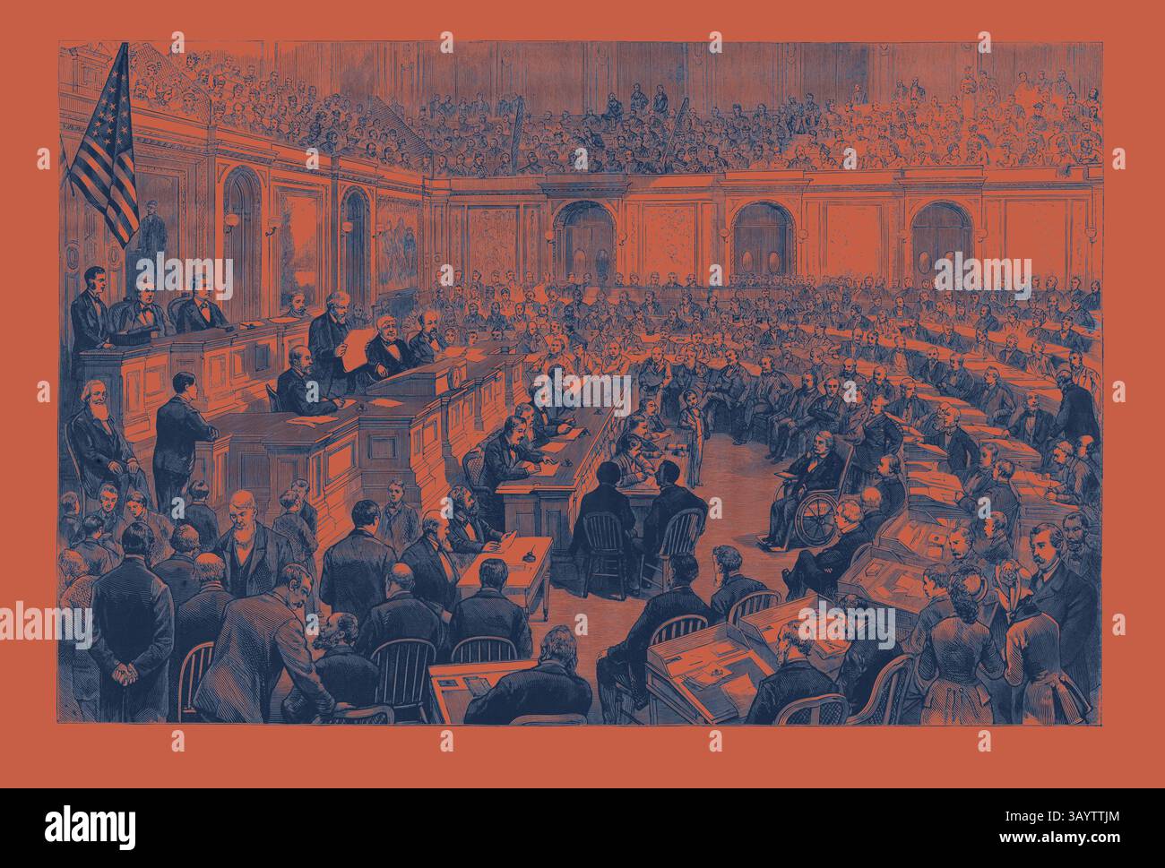 Eine historische Szene, die eine überfüllte Legislativkammer darstellt, mit Beamten, die auf einem Podium sprechen, und einem Publikum aufmerksamer Einzelpersonen. Die Atmosphäre vermittelt ein Gefühl der Ernsthaftigkeit und des Engagements im politischen Diskurs. Washington D.C.: The Official Count of the Electoral Vots for President and Vice-President, in the Hall of the Representatives, USA, graviert 1880 1881 klassische Kunst mit einem modernen Twist, der von Artotop neu interpretiert wurde Stockfoto