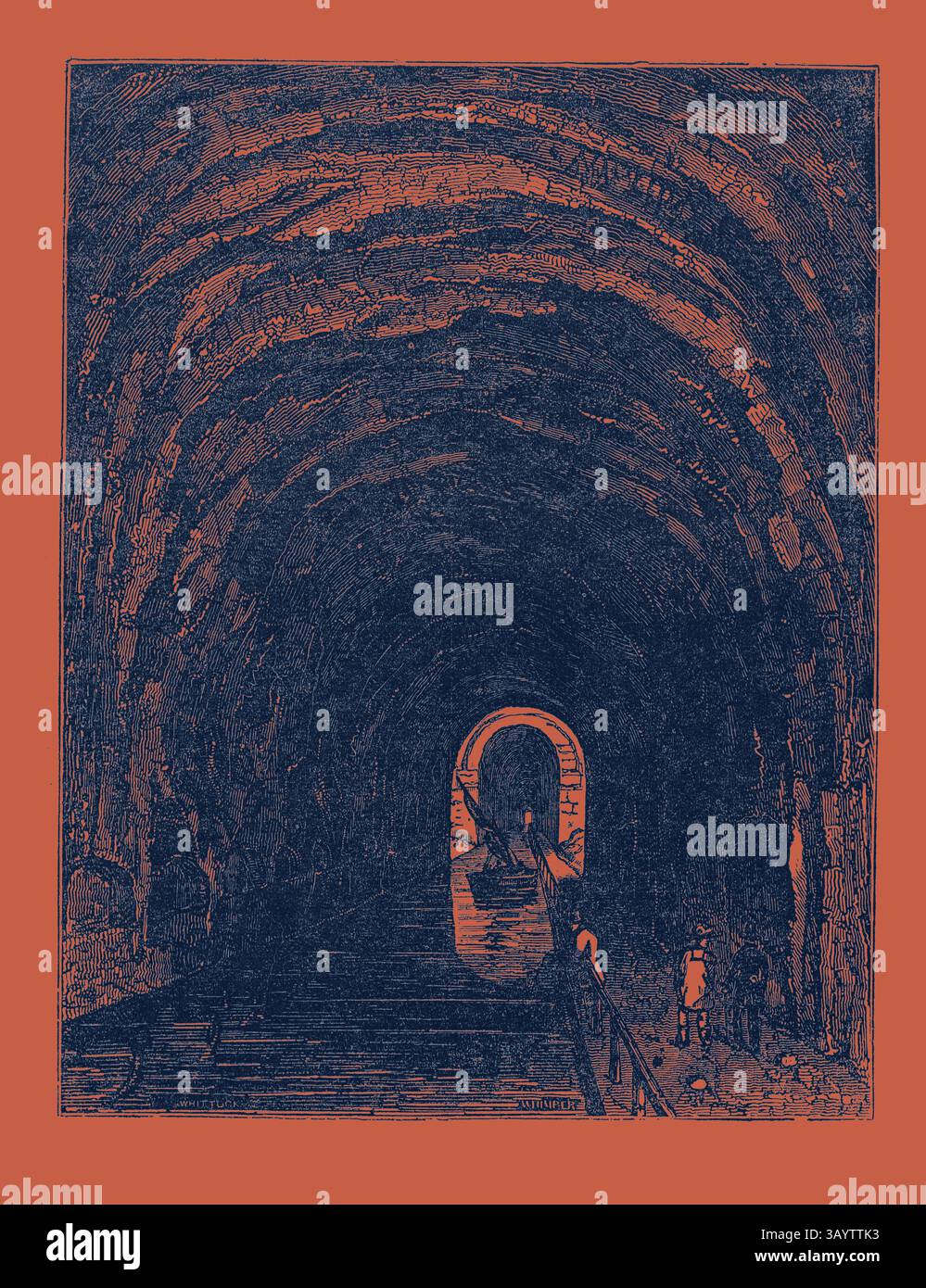 Eine unheimliche, strukturierte Höhle erstreckt sich bis in die Ferne, eingerahmt von einer bogenförmigen Öffnung, die auf eine unsichtbare Welt hinweist. Schatten tanzen entlang der rauen Oberflächen, während zwei kleine Figuren im Vordergrund stehen und in dieser unterirdischen Landschaft ein Gefühl von Skala und Rätsel wecken. TUNNEL DER THEMSE UND DES MEDWAY CANAL. Klassische Kunst mit modernem Touch, neu interpretiert von Artotop Stockfoto