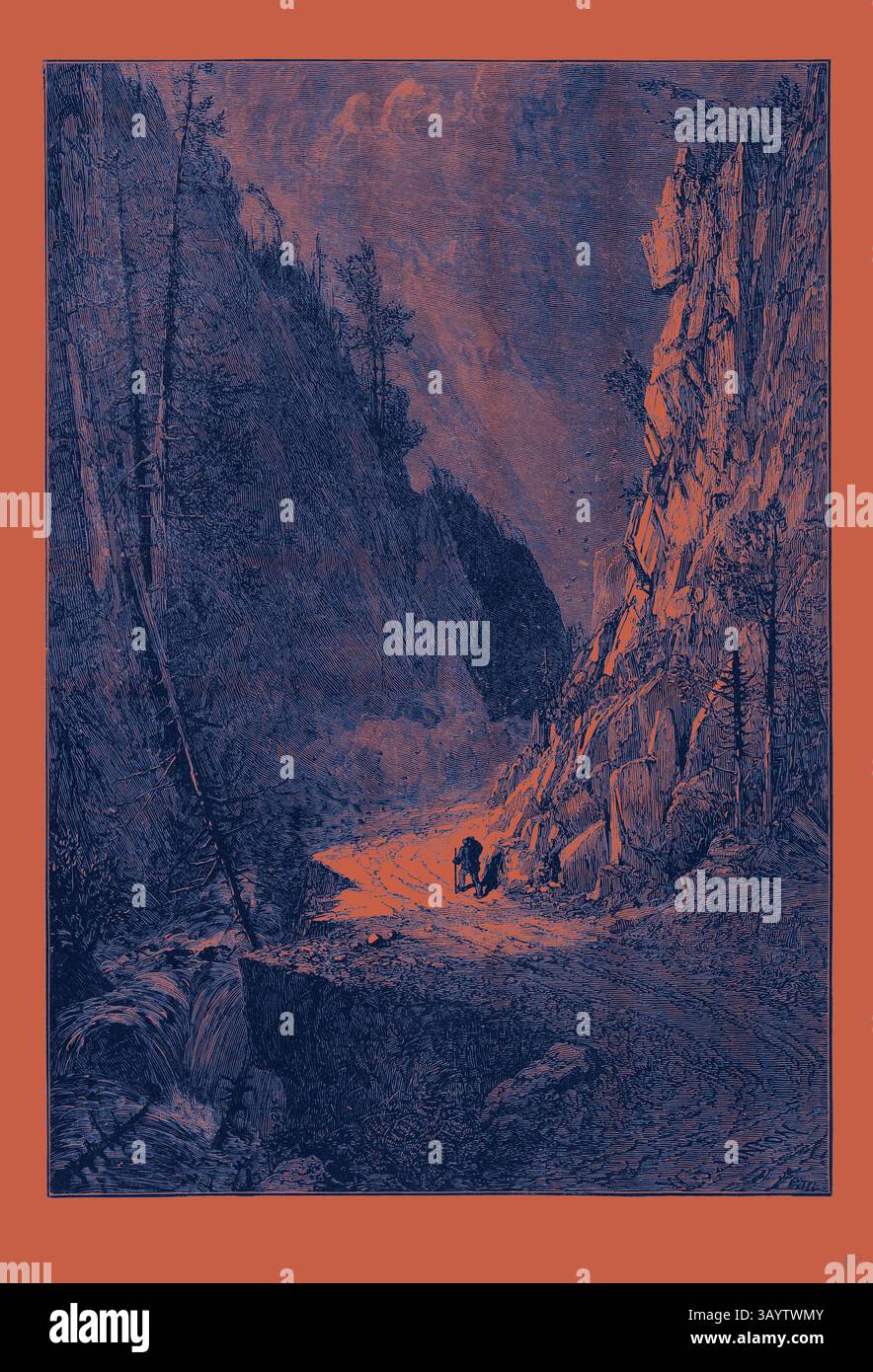 Eine ruhige Talszene mit zerklüfteten Klippen und gewundenen Pfaden. Eine einsame Figur bewegt sich entlang des Geländes, beleuchtet von einem sanften Licht, das durch die Bäume filtert und eine ruhige und besinnliche Atmosphäre schafft. Crawford Notch Gorge Vereinigte Staaten von Amerika Klassische Kunst mit modernem Touch, neu interpretiert von Artotop Stockfoto