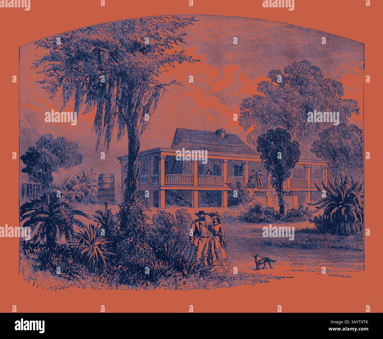 Ein historisches südliches Plantagenhaus steht anmutig inmitten üppiger Vegetation, mit Figuren im Vordergrund und anderen genießen die Aussicht von der Veranda. Spanische Moosvorhänge von den Bäumen tragen zur ruhigen, zeitlosen Atmosphäre der Umgebung bei. Ein Haus in der Nähe des Mississipi United States of America Klassische Kunst mit einem modernen Touch, der von Artotop neu gestaltet wurde Stockfoto