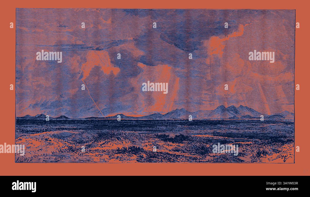Eine riesige Landschaft bietet weit entfernte Berge unter einem dynamischen Himmel mit dramatischen Wolken, die auf einen drohenden Sturm hinweisen. Der Vordergrund deutet auf raues Gelände und karge Vegetation hin und schafft eine Atmosphäre von Schönheit und Spannung. Humboldt Plains United States of America Klassische Kunst mit modernem Touch, neu interpretiert von Artotop Stockfoto