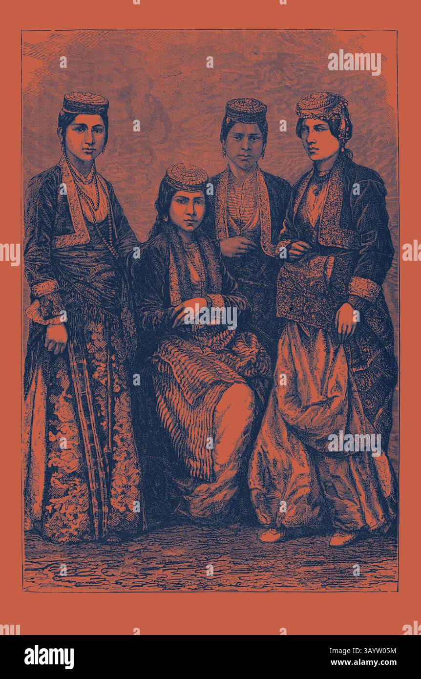 Eine Gruppe von vier Frauen in traditioneller Kleidung, mit komplizierten Mustern und raffinierten Kopfschmuck, steht zusammen und strahlt ein Gefühl von kulturellem Stolz und Einheit aus. Ihre Ausdrucksformen spiegeln eine Mischung aus Zuversicht und Anmut wider und unterstreichen den Reichtum ihres Erbes. ARMENISCHE DAMEN. Armenien, ein Land im Südkaukasus Eurasiens Klassische Kunst mit einem modernen Touch, der von Artotop neu interpretiert wurde Stockfoto