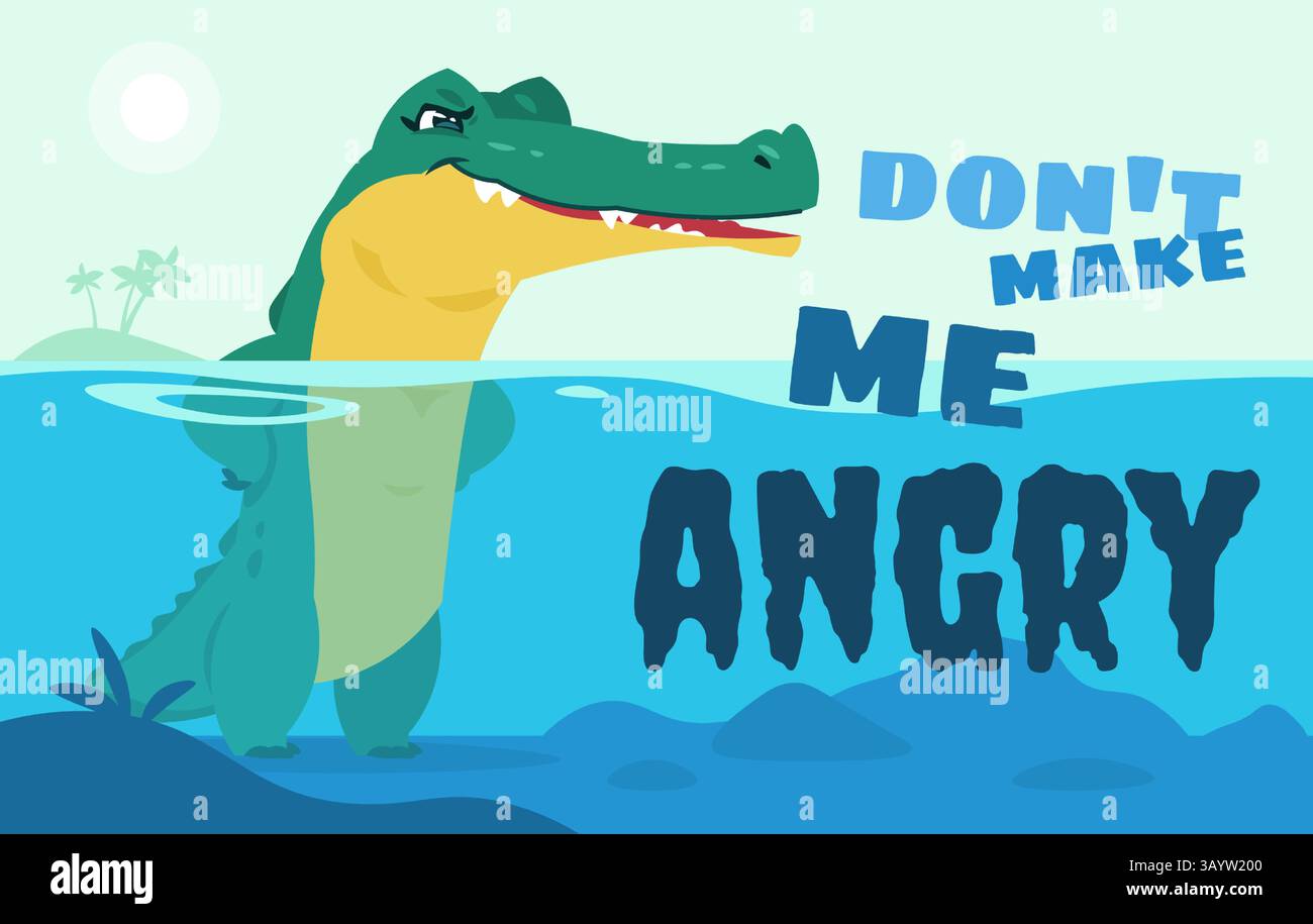 Krokodil-Schriftzug. Niedlicher Alligator-Charakter, Alligator im Wasser sagt lustiges Zitat, Kinder drucken entzückenden Krokodil Hintergrund, Alligatoren Tier Grafik Stock Vektor