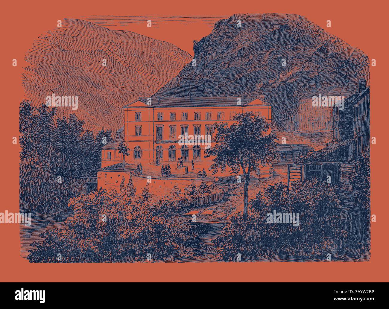 Eine malerische Landschaft mit einem großen Gebäude, eingebettet zwischen hoch aufragenden Hügeln, umgeben von üppigen Bäumen. Die Szene fängt die Hektik der Menschen ein, die verschiedene Aktivitäten in der Nähe eines fließenden Wassers ausüben und ein Gefühl der Ruhe und Gemeinschaft wecken. Gründung von Hot Springs, Frankreich. Gravur 1855 Klassische Kunst mit modernem Touch, neu gestaltet von Artotop Stockfoto