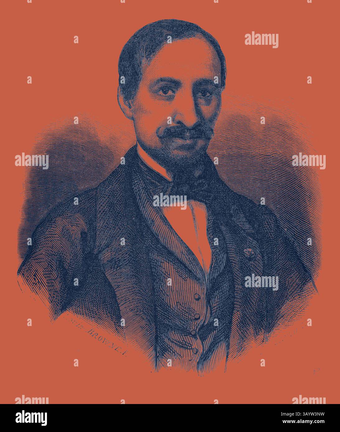 Ein angesehener Gentleman in formeller Kleidung, mit Fliege und Weste, blickt nachdenklich mit einem Hauch von Zuversicht. Seine künstlerische Darstellung betont die Details seiner Gesichtszüge und seiner Kleidung und deutet auf eine bemerkenswerte historische Figur hin. Camille Roqueplan starb am 29. September 1855 in Paris als französischer Romantiker-Maler. Frankreich. Gravur klassischer Kunst mit modernem Touch, neu interpretiert von Artotop Stockfoto