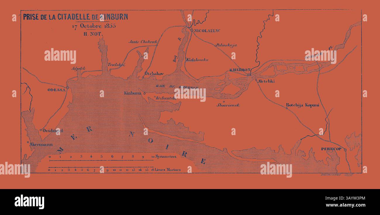 Eine historische Karte, die die Eroberung der Zitadelle von Kinburn beschreibt und geografische Besonderheiten, Standorte und Truppenbewegungen in der Gegend am 17. Oktober 1855 zeigt. Schlacht an der Zitadelle von Kinburn, 17. Oktober 1855. Der Krimkrieg. Gravur klassischer Kunst mit modernem Touch, neu interpretiert von Artotop Stockfoto Eine historische Karte, die die Eroberung der Zitadelle von Kinburn beschreibt und geografische Besonderheiten, Standorte und Truppenbewegungen in der Gegend am 17. Oktober 1855 zeigt. Schlacht an der Zitadelle von Kinburn, 17. Oktober 1855. Der Krimkrieg. Gravur klassischer Kunst mit modernem Touch, neu interpretiert von Artotop Stockfoto