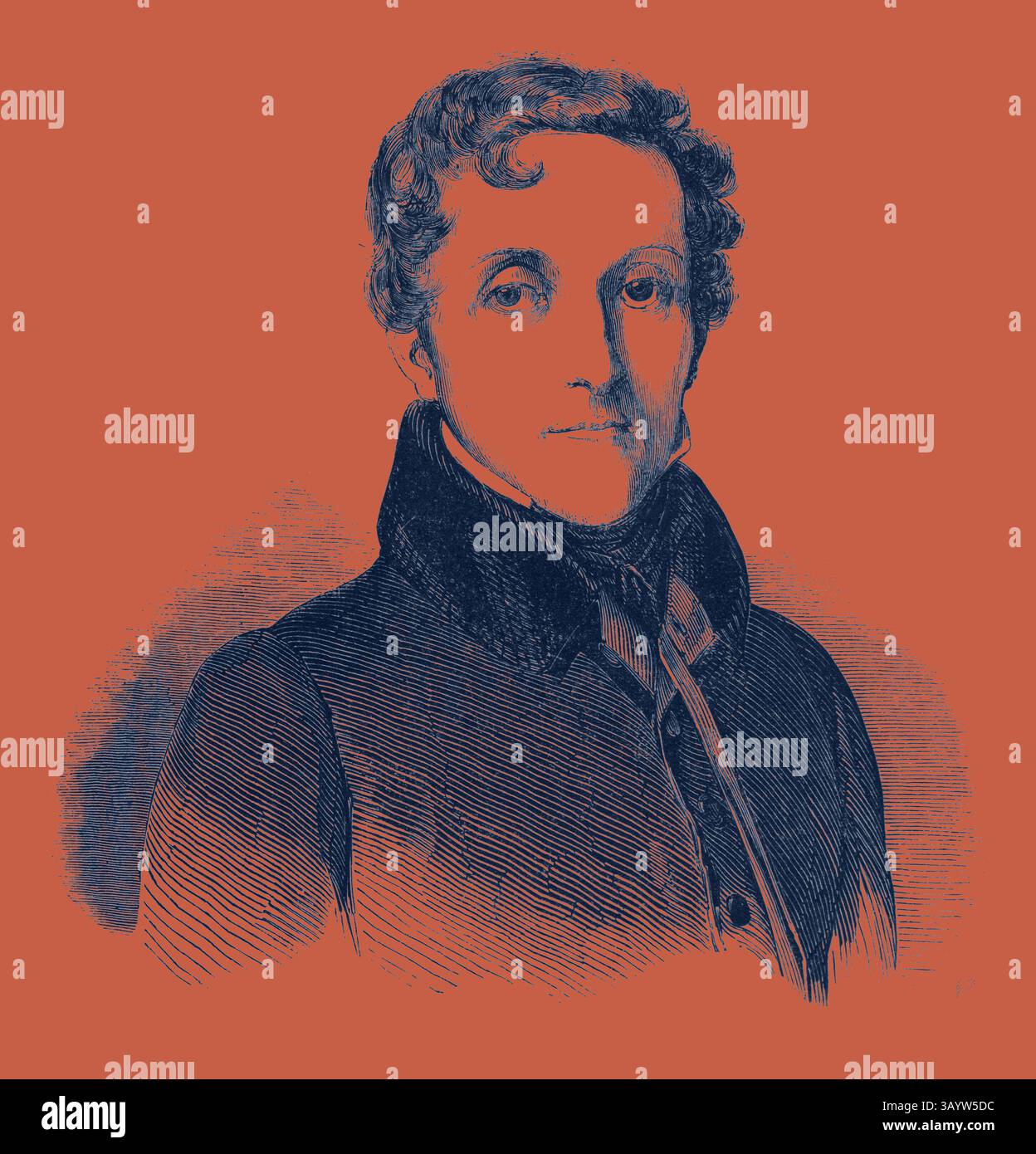 Ein Porträt eines Mannes mit selbstbewusstem Ausdruck, der einen hohen Kragen trägt. Sein gewelltes Haar und seine detaillierten Details spiegeln den Stil einer früheren Ära wider und deuten auf einen raffinierten Hintergrund hin. Graf Louis-Mathieu Molé, 1781–1855, französischer Politiker. Frankreich. Gravur klassischer Kunst mit modernem Touch, neu interpretiert von Artotop Stockfoto