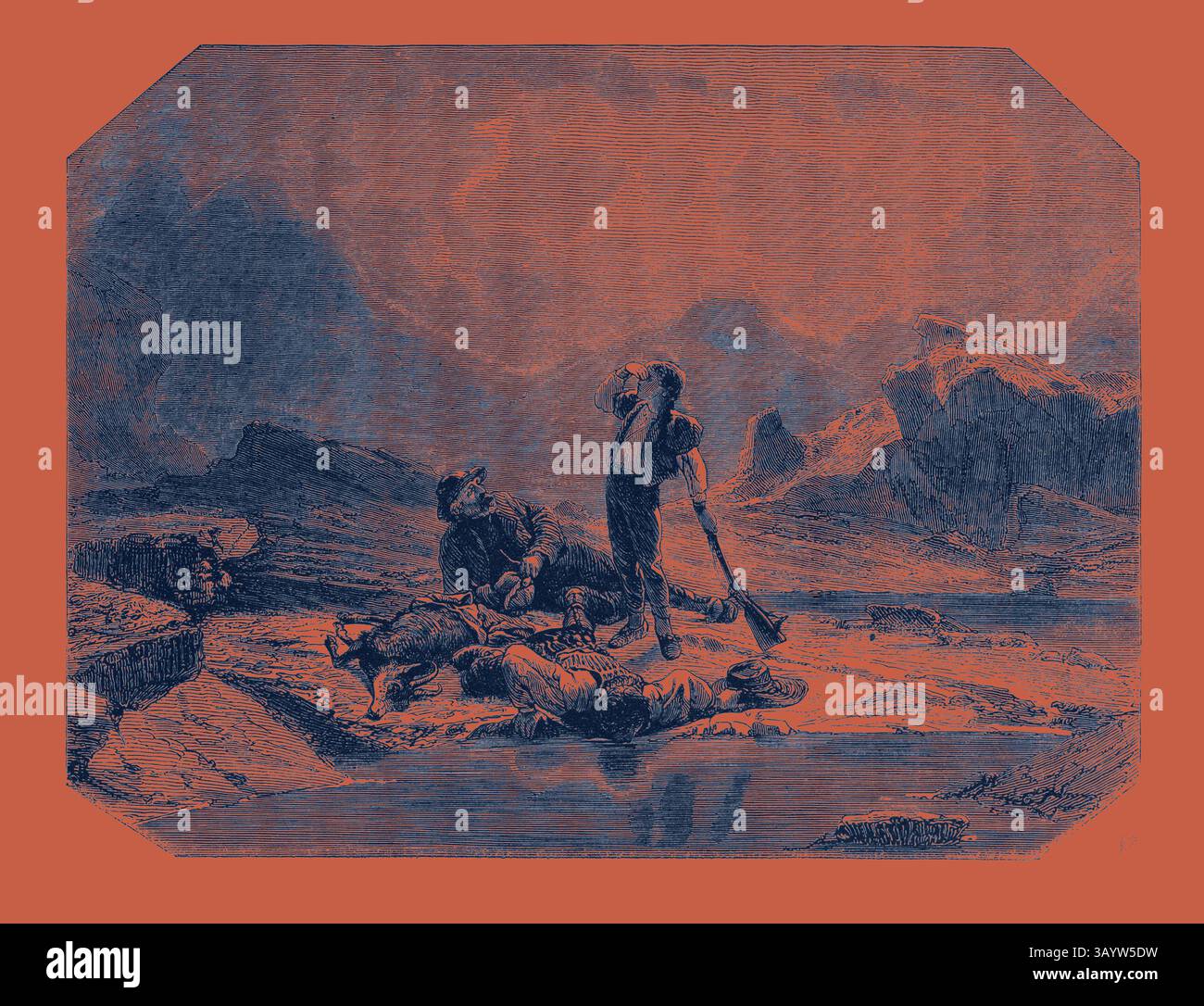 Eine Figur steht mit erhobenem Arm auf einer felsigen Landschaft, umgeben von sitzenden Begleitern und Hunden, was auf einen Moment der Kameradschaft oder Reflexion vor einer dramatischen natürlichen Kulisse hindeutet. Die Szene fängt ein Gefühl des Abenteuers und die Verbindung zwischen Menschen und ihrer Umgebung ein. Salon von 1855. Schweizerische Schule. Beenden Sie die Jagd auf Chamois, und gravieren Sie klassische Kunst mit einem modernen Touch, der von Artotop neu interpretiert wurde Stockfoto