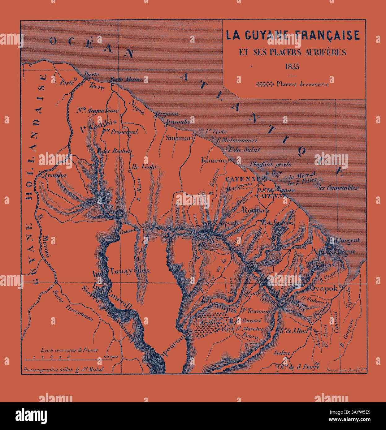Eine alte Karte von Französisch-Guayana aus dem Jahr 1855, die verschiedene geografische Besonderheiten, Flüsse und Orte zeigt und gleichzeitig den historischen Kontext der Region beleuchtet. Französisch-Guayana, 1855. Gravur klassischer Kunst mit modernem Touch, neu interpretiert von Artotop Stockfoto
