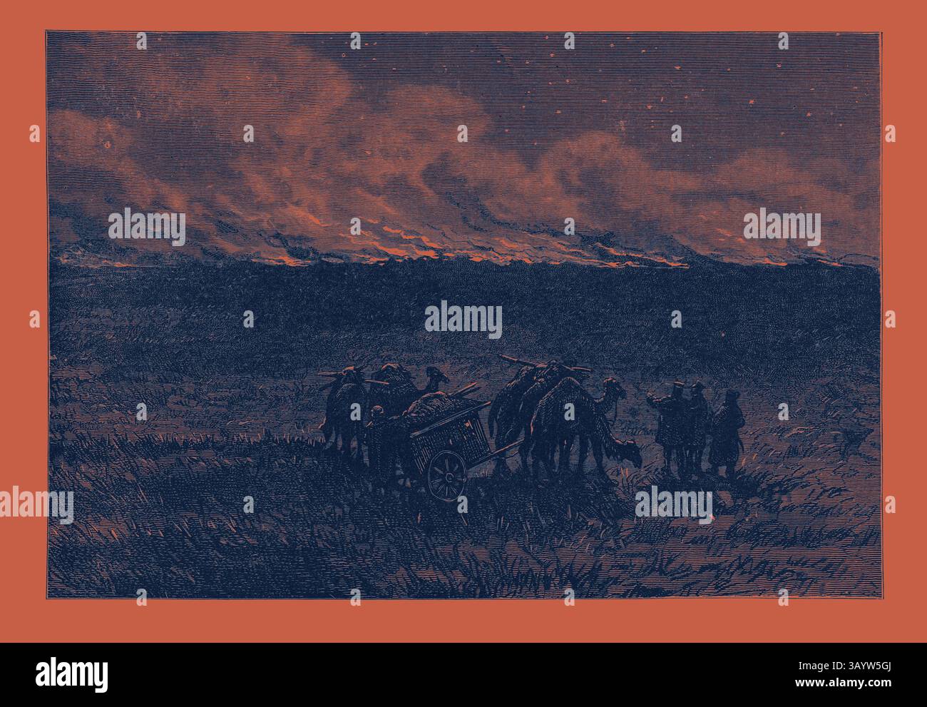 Eine Gruppe von Figuren versammelt sich um einen Wagen, die vor dem Hintergrund von dunklem Rauch in den Nachthimmel ragen, während Flammen am Horizont flackern und auf eine Katastrophe hindeuten. Feuer auf eine asiatische Steppe Klassische Kunst mit einem modernen Touch, der von Artotop neu interpretiert wurde Stockfoto