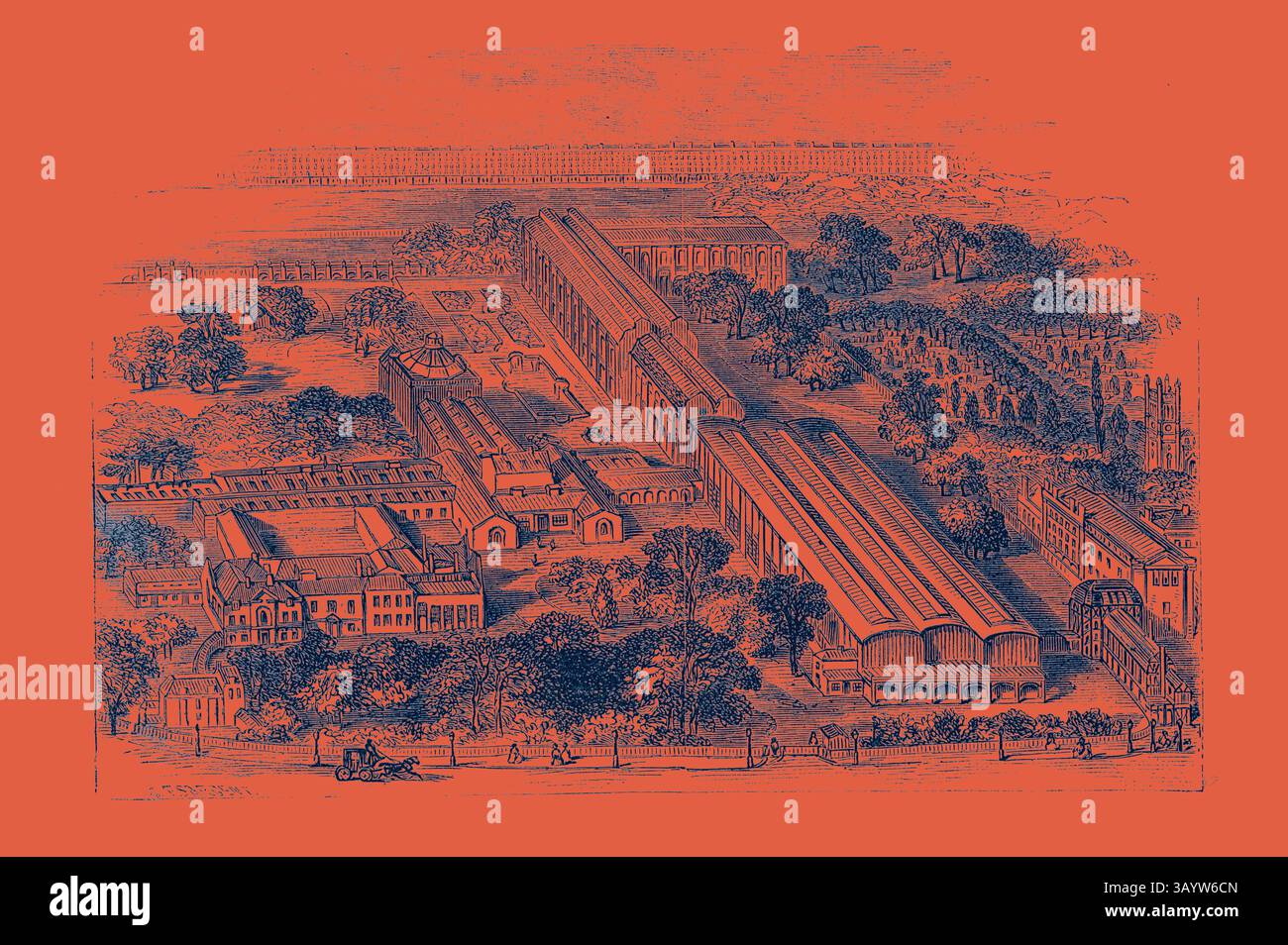 Eine detaillierte Darstellung eines weitläufigen Industriekomplexes mit mehreren großen Gebäuden, weitläufigen Gärten und Wegen voller Aktivität. Das Layout zeigt sowohl architektonische Strukturen als auch Grünanlagen und unterstreicht die Mischung aus Natur und Industrie in der Gegend. South Kensington Museum, London, Großbritannien, Großbritannien, Großbritannien, Europa, Großbritannien, Großbritannien, Europäische Klassische Kunst mit einem modernen Twist von Artotop Stockfoto
