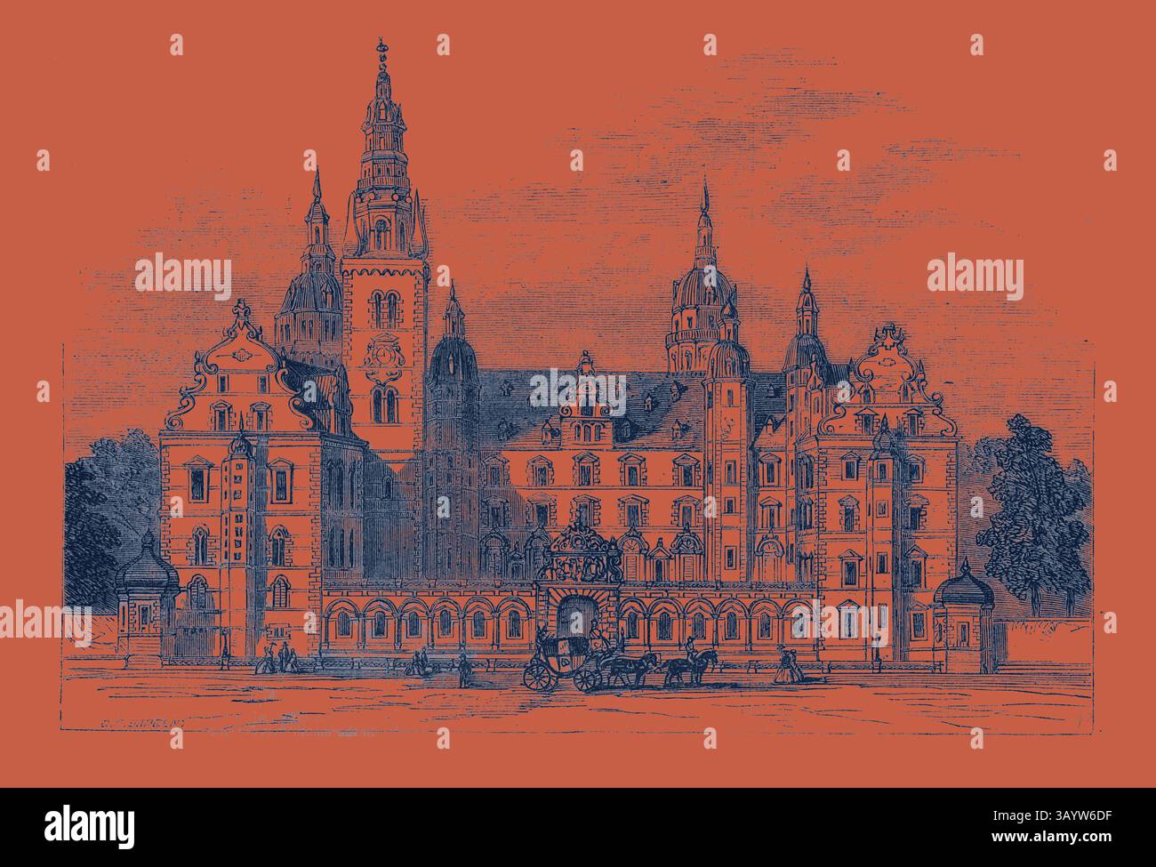 Ein großes historisches Gebäude mit komplexen architektonischen Details und hohen Türmen, umgeben von Bäumen und einer lebhaften Szene mit Pferdekutschen. Das Design besticht durch eine Mischung kunstvoller Stile, die seine königliche Präsenz betonen. Fredericksbourg Palace, Dänemark Klassische Kunst mit modernem Touch, neu gestaltet von Artotop Stockfoto