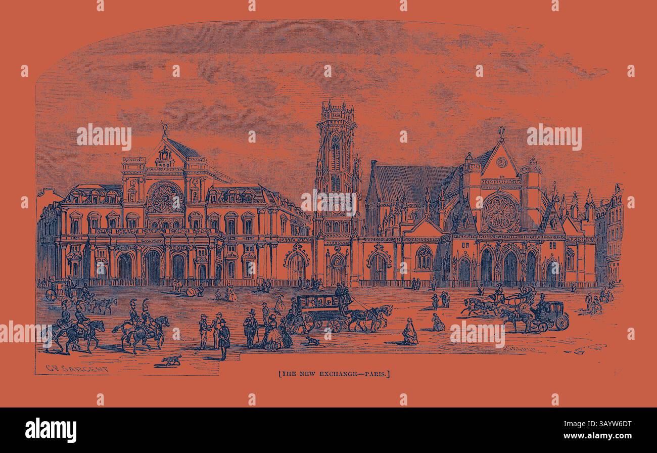 Eine geschäftige Szene mit einem architektonischen Wunder, das komplexe Details von Gebäuden, Pferdekutschen und Fußgängern vor einer lebendigen Kulisse zeigt. Die Szene fängt einen lebendigen Moment in einer historischen Stadtlandschaft ein. The New Exchange, Paris Klassische Kunst mit einem modernen Touch, neu gestaltet von Artotop Stockfoto