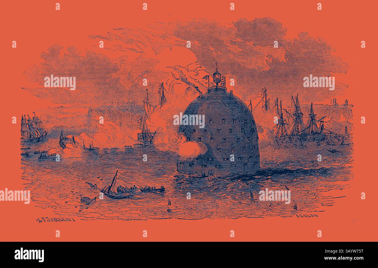 Eine große Kuppelstruktur erhebt sich aus dem Wasser, umgeben von Schiffen in einer dynamischen Kampfszene. Rauch bläst aus der Kuppel, während kleinere Schiffe die Wellen steuern, was auf eine angespannte maritime Konfrontation hinweist. Die Kulisse bietet weit entfernte Landstriche, die die dramatische Atmosphäre noch verstärken. Die New Iron Battery Classic-Kunst mit einem modernen Touch von Artotop Stockfoto Eine große Kuppelstruktur erhebt sich aus dem Wasser, umgeben von Schiffen in einer dynamischen Kampfszene. Rauch bläst aus der Kuppel, während kleinere Schiffe die Wellen steuern, was auf eine angespannte maritime Konfrontation hinweist. Die Kulisse bietet weit entfernte Landstriche, die die dramatische Atmosphäre noch verstärken. Die New Iron Battery Classic-Kunst mit einem modernen Touch von Artotop Stockfoto