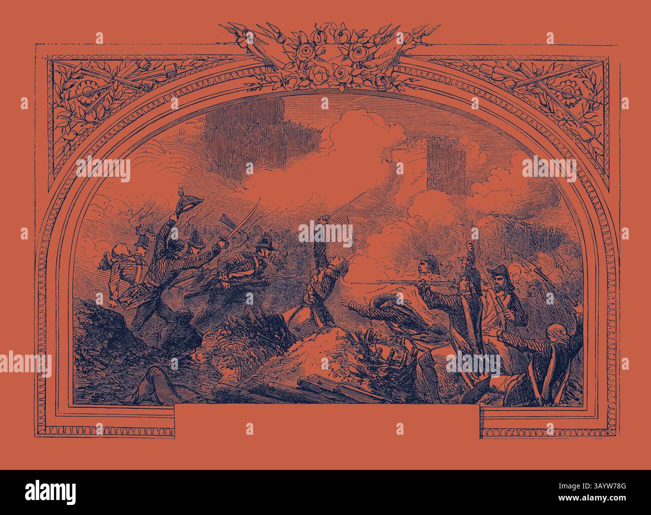 Eine dramatische Szene einer historischen Schlacht, in der Soldaten in intensiven Kämpfen inmitten von Wolken aus Rauch und Chaos, eingerahmt von kunstvollen dekorativen Elementen, dargestellt werden. Sidney Smith, Gallant Defence of St. Jean D'Acre, 9. Mai 1799 Klassische Kunst mit einem modernen Twist von Artotop Stockfoto