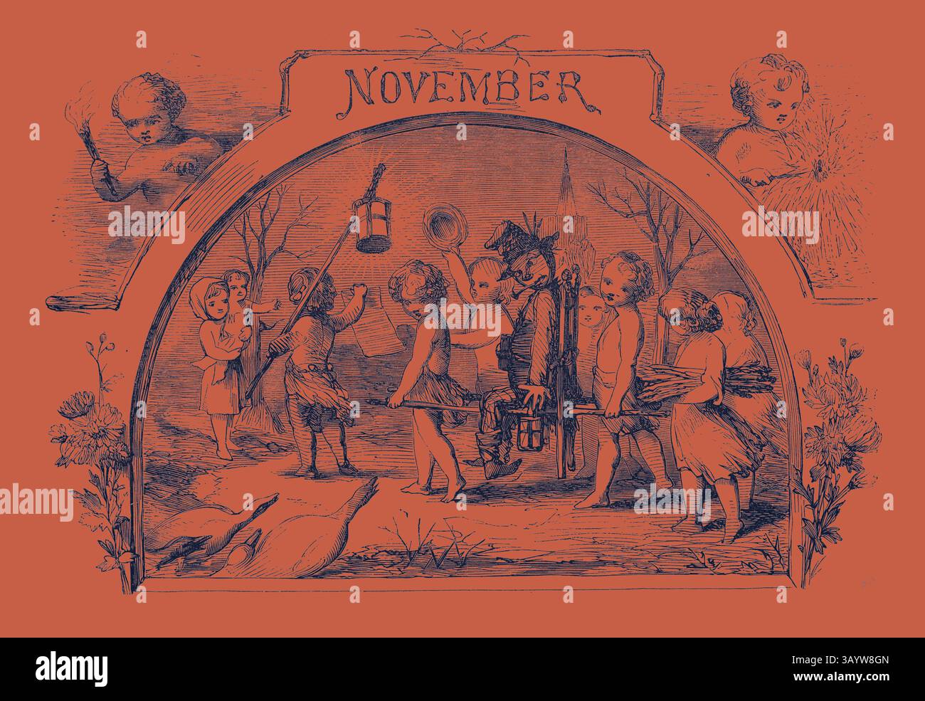 Eine skurrile Szene, in der Kinder in Vintage-Kleidung dargestellt werden, die sich an festlichen Aktivitäten unter dem Thema November beteiligen. Sie sind umgeben von Naturelementen und verspielten Cherubischen Figuren, die mit Laternen und Zweigen den Geist des Monats verkörpern. November, Kalender, Jahr, Monat, monatlich Klassische Kunst mit einem modernen Touch, neu interpretiert von Artotop Stockfoto