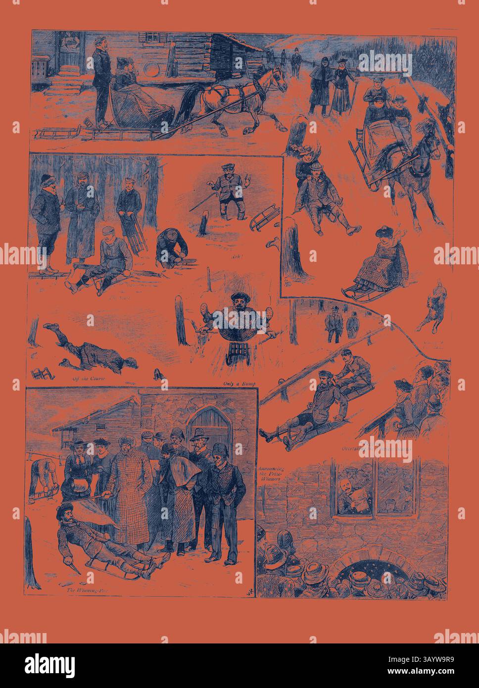 Eine Sammlung historischer Szenen, die verschiedene Momente des täglichen Lebens darstellen, einschließlich Transport, Freizeitaktivitäten und soziale Interaktionen in einer ländlichen Umgebung. Verschiedene Figuren nehmen Aufgaben wie Pferdekutschenfahrten, Gespräche und spielerische Mätzchen wahr und veranschaulichen eine Momentaufnahme der Gemeinschaftsdynamik aus einer vergangenen Zeit. Internationale Rodelrennen im Engadin, Schweiz, Gravur 1884 Klassische Kunst mit modernem Touch, neu gestaltet von Artotop Stockfoto