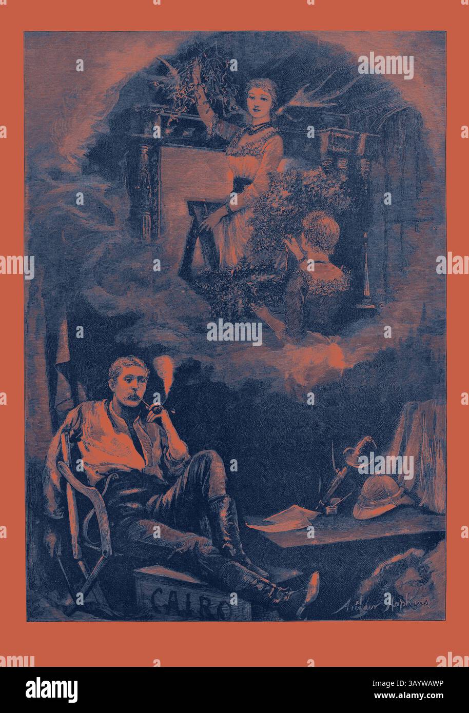 Ein besinnlicher Mann sitzt entspannt in einem Stuhl, raucht eine Pfeife, während ätherische Szenen einer Frau und eines Kindes, die kreative Aktivitäten ausüben, in einem umgebenden Nebel auftauchen. Die Gegenüberstellung ihrer fantasievollen Bestrebungen gegen sein ruhiges Auftreten weckt ein Gefühl der Nostalgie und Reflexion über die Bande von Familie und Kreativität. Heiligabend mit klassischer Kunst aus dem Jahr 1884 mit modernem Touch, neu gestaltet von Artotop Stockfoto