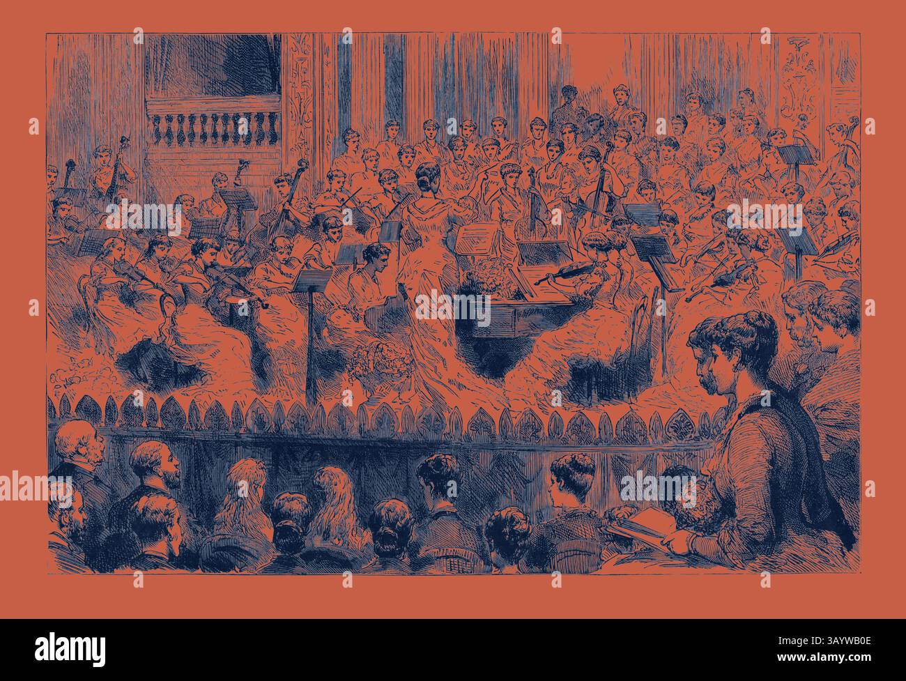 Eine lebendige Szene fängt das Publikum ein, das ein großes Konzert besucht, mit elegant gekleideten Frauen in fließenden Gewändern und einer fesselnden Menge. Musiker treten auf einer mit Instrumenten geschmückten Bühne auf, während die Teilnehmer in die Atmosphäre des kulturellen Ereignisses vertieft sind. Die prunkvolle Umgebung unterstreicht die Raffinesse des Anlasses. Konzert von Viscountess Folkestone's Ladies Orchestra in der Prince's Hall, Piccadilly, Engraving 1884, London, UK, Großbritannien, Großbritannien, Europa, Vereinigtes Königreich, Großbritannien, klassische europäische Kunst mit modernem Touch, neu interpretiert von Artotop Stockfoto