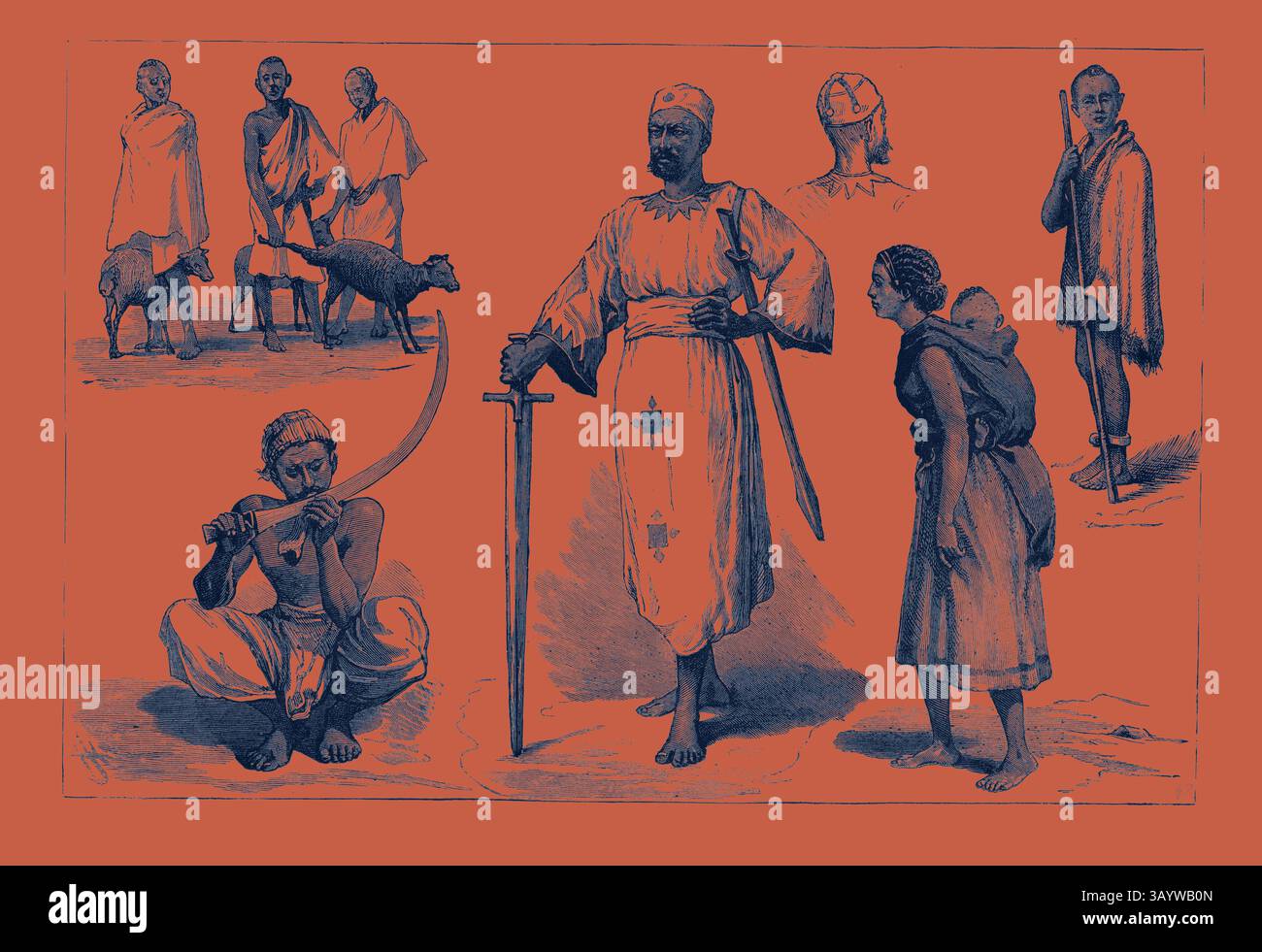 Eine Sammlung von Figuren, die verschiedene Posen und Kleidung zeigen, zeigt Personen, die an verschiedenen Aktivitäten beteiligt sind, darunter einen Krieger mit einem Schwert, eine sitzende Person mit einer gebogenen Waffe und eine Frau mit einem Kind auf dem Rücken. Die Komposition spiegelt kulturellen Reichtum und traditionelle Praktiken wider. Skizzen in Abessinien, Gravur 1884 Klassische Kunst mit einem modernen Twist, neu gestaltet von Artotop Stockfoto