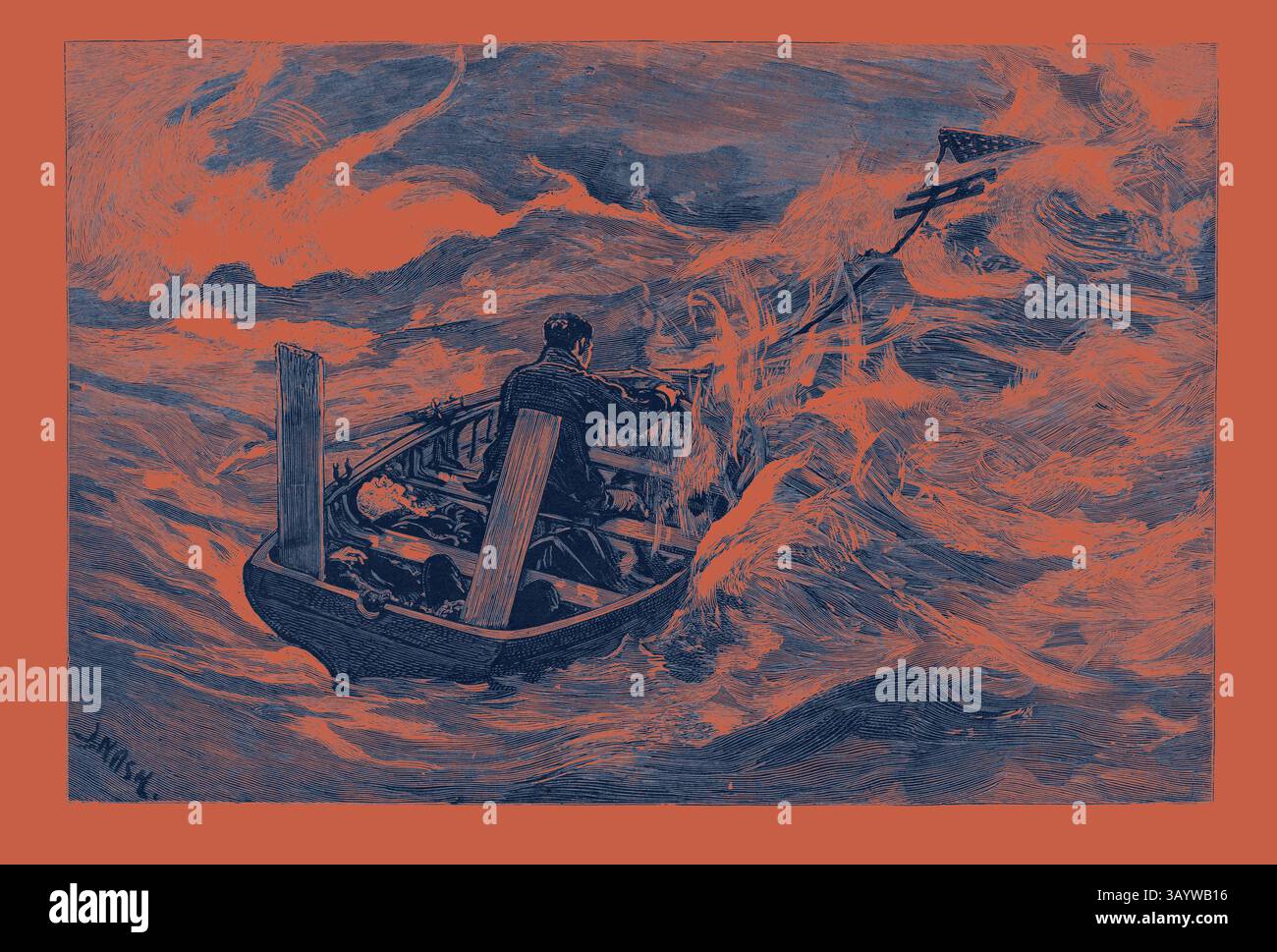 Eine Einzelfigur navigiert durch turbulente Gewässer und kämpft gegen die mächtigen Wellen. Das Boot ist mit einer amerikanischen Flagge geschmückt, die Widerstandskraft und Entschlossenheit inmitten von Widrigkeiten symbolisiert. A Storm the Sea Anchor in Gebrauch, Gravur 1884 Klassische Kunst mit einem modernen Twist, neu interpretiert von Artotop Stockfoto