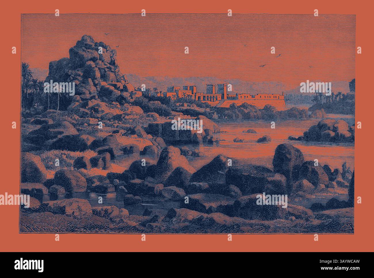 Eine ruhige Landschaft mit felsigen Formationen und einem ruhigen Gewässer, mit einer fernen architektonischen Struktur umgeben von Palmen und einem Himmel voller hoch aufragender Vögel. Die Szene weckt ein Gefühl von Ruhe und Zeitlosigkeit. Der erste Katarakt des Nils und die Insel des philen Ägyptens, Gravur 1882 Klassische Kunst mit einem modernen Twist, der von Artotop neu entworfen wurde Stockfoto
