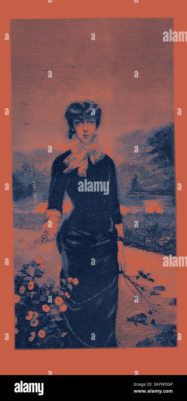 Eine Frau steht an einem ruhigen Ufer, in eleganter Kleidung gekleidet. Sie hält Blumen in einer Hand und blickt nachdenklich in die Ferne, umgeben von einer ruhigen Landschaft, die ein Gefühl von Nostalgie weckt. Herbst, Mode, Gravur 1882 Klassische Kunst mit modernem Touch, neu interpretiert von Artotop Stockfoto