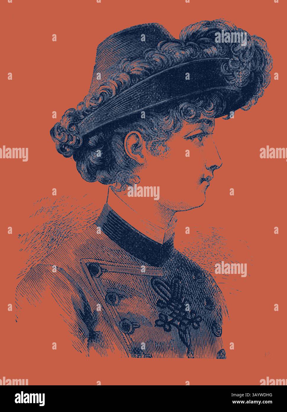 Ein Profilporträt einer historischen Figur mit lockigem Haar, einem raffinierten Hut und einer Uniform im Militärstil mit dekorativen Elementen. Junge Dame Hut, Mode, Gravur 1882 Klassische Kunst mit einem modernen Twist, neu interpretiert von Artotop Stockfoto Ein Profilporträt einer historischen Figur mit lockigem Haar, einem raffinierten Hut und einer Uniform im Militärstil mit dekorativen Elementen. Junge Dame Hut, Mode, Gravur 1882 Klassische Kunst mit einem modernen Twist, neu interpretiert von Artotop Stockfoto