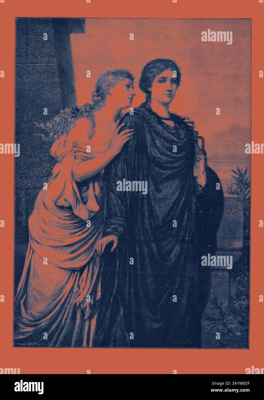 Zwei elegant gekleidete Figuren interagieren in einem klassischen Setting, von denen eine eine eine spielerische Intimität zeigt, während die andere kontemplativ und zielstrebig wirkt. Ihre Kleidung und der Hintergrund deuten auf eine Szene mit großer historischer oder mythologischer Bedeutung hin. Klassisches Thema, Damen, Frau, Gravur 1882 Klassische Kunst mit modernem Touch, neu interpretiert von Artotop Stockfoto