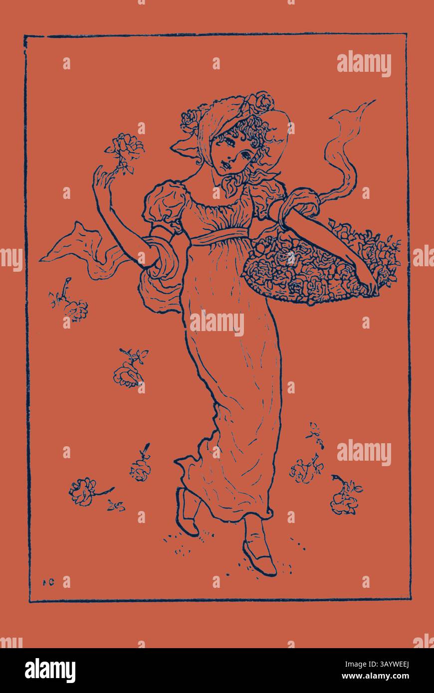 Eine junge Frau in einem fließenden Kleid trägt einen Korb mit Blumen, umgeben von verstreuten Blüten, die ein Gefühl von Anmut und Freude vermitteln. Neujahr. Kate Greenaway's Almanach, Gravur 1882 Klassische Kunst mit einem modernen Twist, neu interpretiert von Artotop Stockfoto
