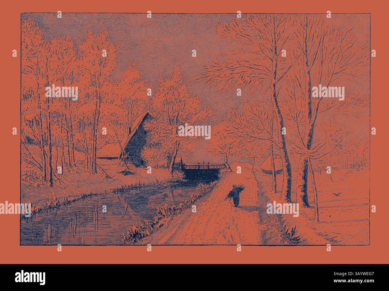 Eine ruhige Landschaft mit einem gewundenen Kanal, der im Herbst von Bäumen gesäumt ist. Eine rustikale Wohnung liegt zwischen den Bäumen, während eine Einzelfigur einen Weg entlang führt, der zu einer malerischen Brücke führt. Die Szene weckt ein Gefühl von Ruhe und Nostalgie. Winter Morning, Gravur 1882 Klassische Kunst mit einem modernen Touch, neu interpretiert von Artotop Stockfoto