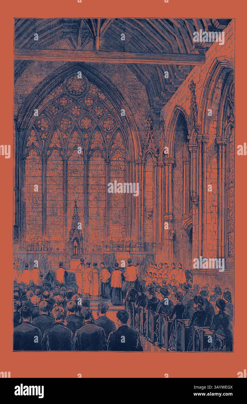 Eine feierliche Versammlung findet in einer großen, reich verzierten Kirche mit hohen Bogendecken und komplizierten Buntglasfenstern statt. Die Teilnehmer, die formell gekleidet sind, konzentrieren sich auf eine Zeremonie, die vom Klerus am Altar geleitet wird, umgeben von aufwendigen Steinarbeiten und Kerzen, die die ehrfurchtvolle Atmosphäre verstärken. Chapel of St. Etheldreda, Ely Chapel, Holborn, London, Großbritannien, Gravur 1879, Großbritannien, Großbritannien, Großbritannien, Europa, Vereinigtes Königreich, Großbritannien, Europäische Klassische Kunst mit einem modernen Twist von Artotop neu gestaltet Stockfoto
