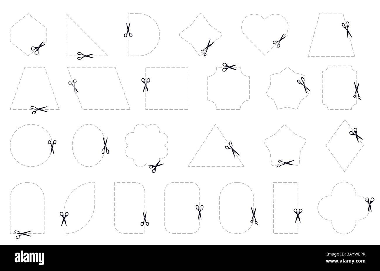 Coupon für Strichlinie. Schere rechteckiger Schnitt, gepunktetes geometrisches Banner, Rabattaufkleber aus Papier mit umrissenen quadratischen, gestrichelten Rahmen und Schere Stock Vektor