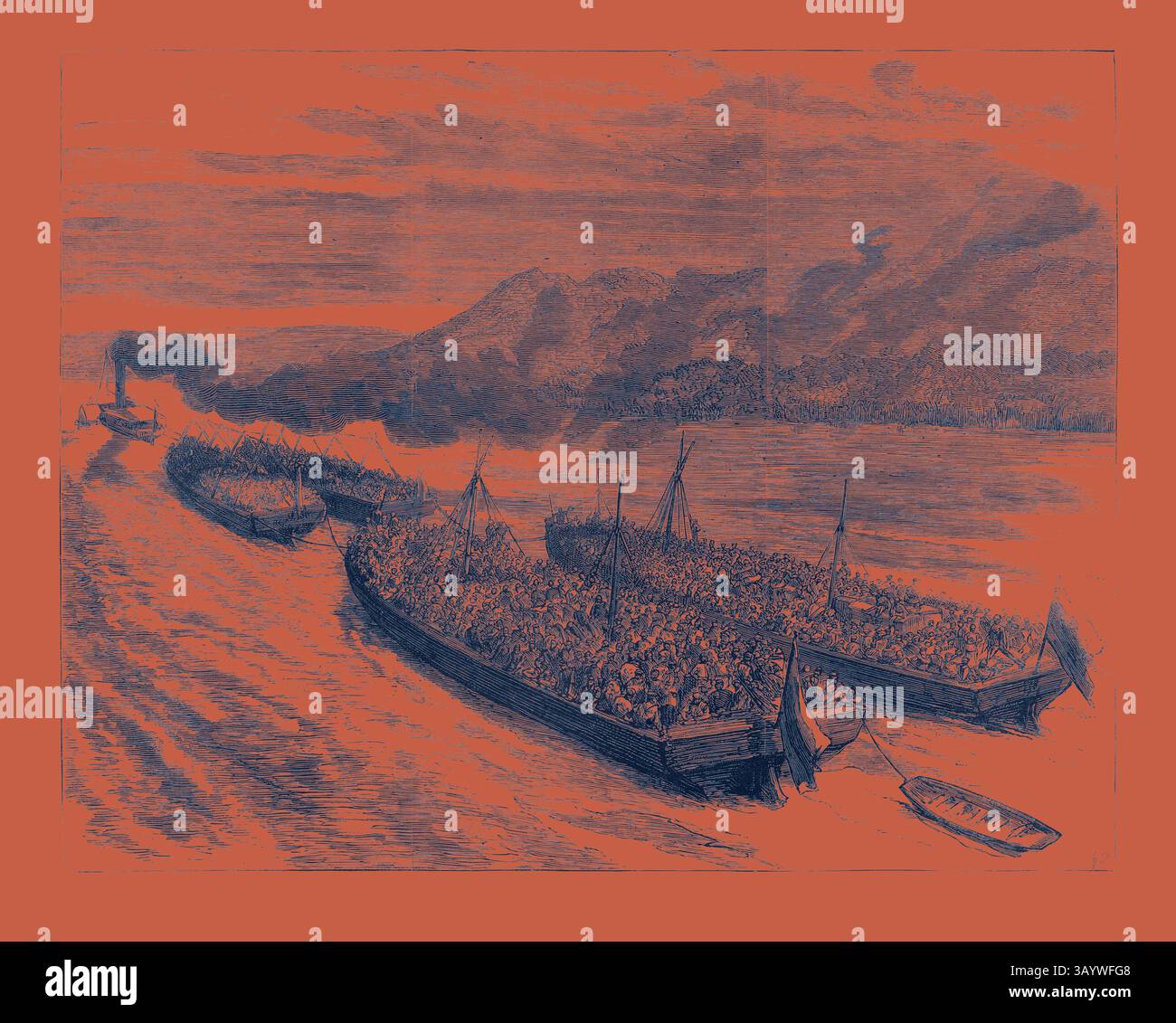 Eine Flotte von Schiffen voller Menschen durchquert ein weites Gewässer, umgeben von fernen Hügeln. Die Szene fängt einen Moment der Bewegung und des Treffens ein und deutet auf ein bedeutendes Ereignis oder eine Reise hin. Die letzten russischen Truppen in Ost-Roumelien, die die Donau hinunter in der Nähe von Galatz überquerten und 1879 klassische Kunst mit einem modernen Twist von Artotop eingravierten Stockfoto