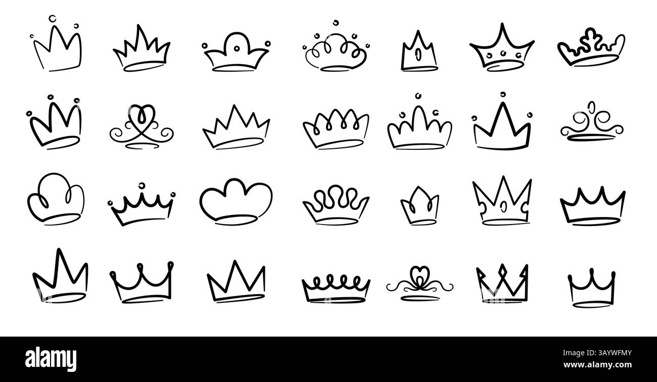 Kritzelkrone. Königskönigin Prinzessin skizziert Kronen, königliche Diademe, luxuriöse Linien für Prinzessin, mittelalterliche Kopfaccessoires. Vektor Stock Vektor