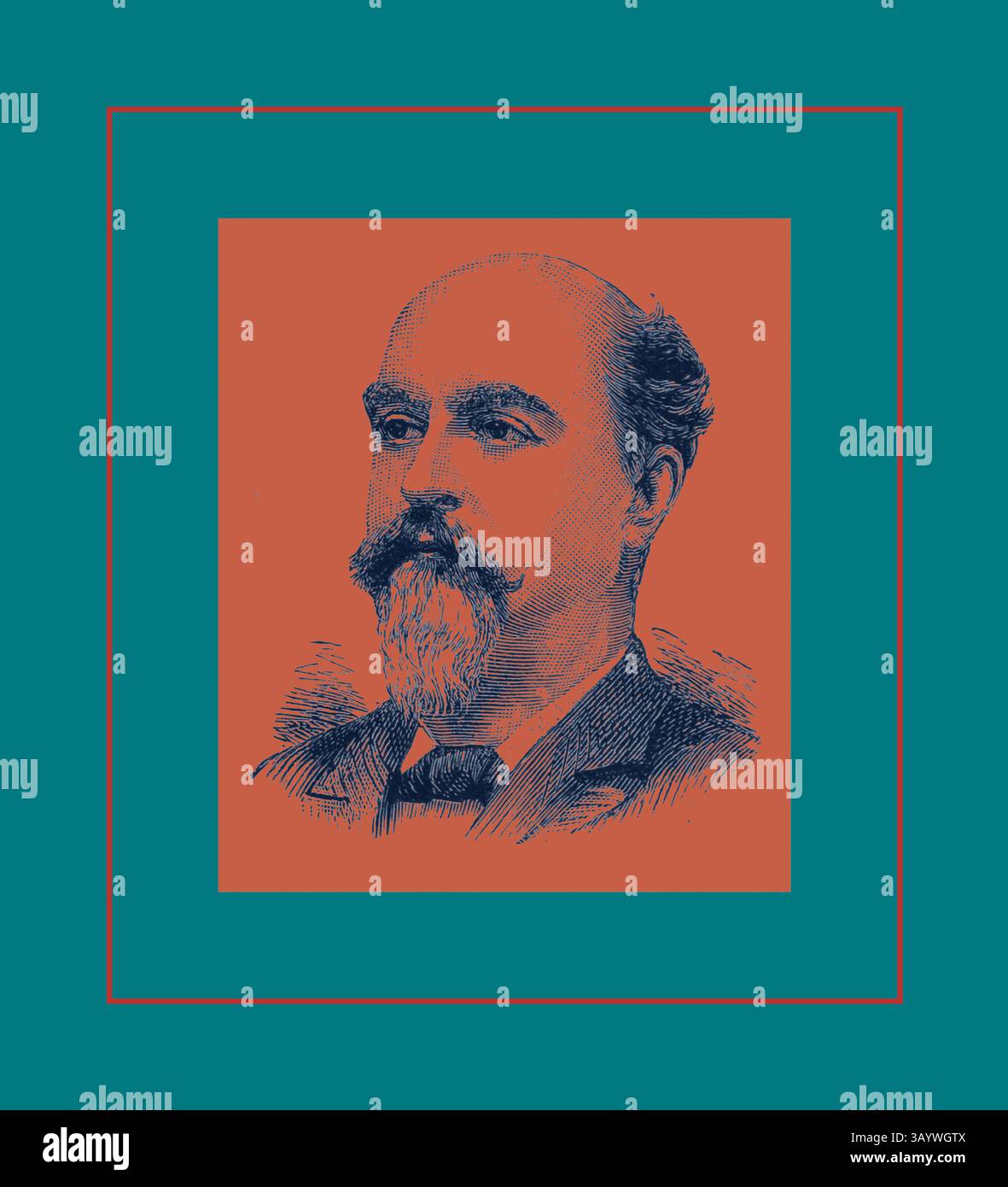 Ein angesehener Gentleman mit prominentem Schnurrbart, in formeller Kleidung gekleidet, blickt nachdenklich in die Ferne. Seine starken Eigenschaften und sein nachdenklicher Ausdruck deuten auf eine Person mit Intellekt und Charakter hin. Der Hintergrund steht im Kontrast zu den satten Tönen seiner Kleidung und unterstreicht seine Präsenz. Major F. M. Wenborn Shoreditch, London, Großbritannien, Vereinigtes Königreich, Großbritannien, Großbritannien Klassische Kunst mit modernem Touch, neu gestaltet von Artotop Stockfoto