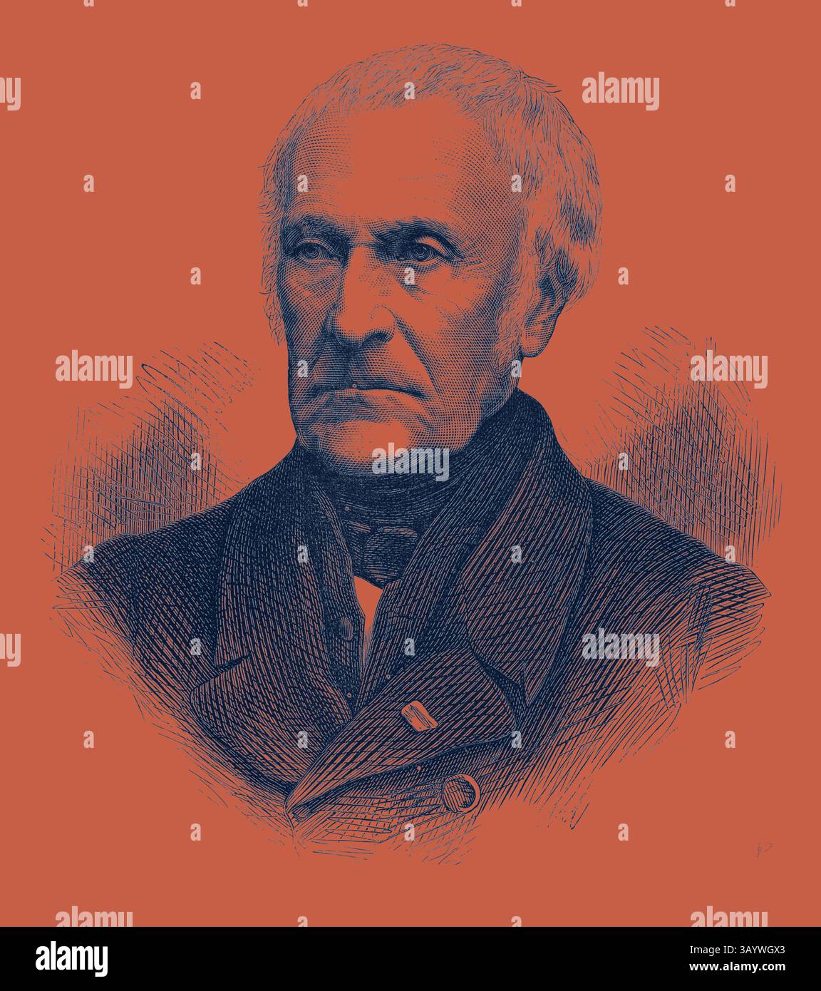 Ein sternmütiger Mann in einem hohen Kragen, mit grauem Haar und tief sitzenden Augen blickt aufmerksam nach vorne. Sein Ausdruck vermittelt ein Gefühl von Ernsthaftigkeit und Autorität, eingerahmt von einer subtilen Aura von historischer Bedeutung. M. Guizot Klassische Kunst mit modernem Touch, neu interpretiert von Artotop Stockfoto