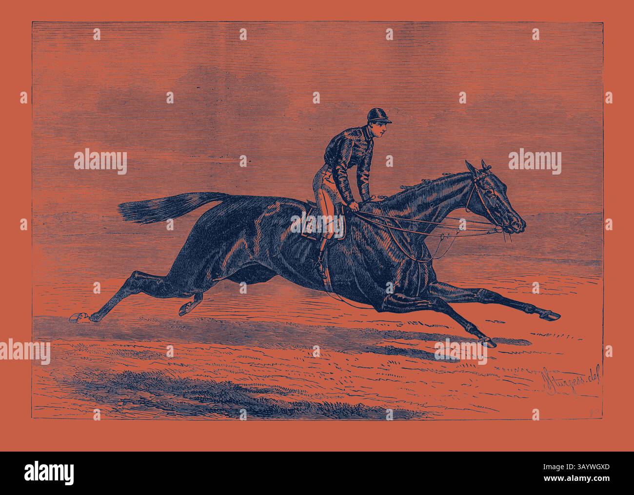 Ein Jockey reitet geschickt auf einem galoppierenden Pferd und fängt den Nervenkitzel und die Geschwindigkeit eines Rennens in Bewegung ein. Das mächtige Tier dehnt sich vor einem vereinfachten Hintergrund aus und verkörpert Energie und Eleganz auf seiner schnellen Reise. Aventuriere, Gewinner der Cesarewitch Stakes bei Newmarket, UK Classic Art mit einem modernen Touch, der von Artotop neu interpretiert wurde Stockfoto