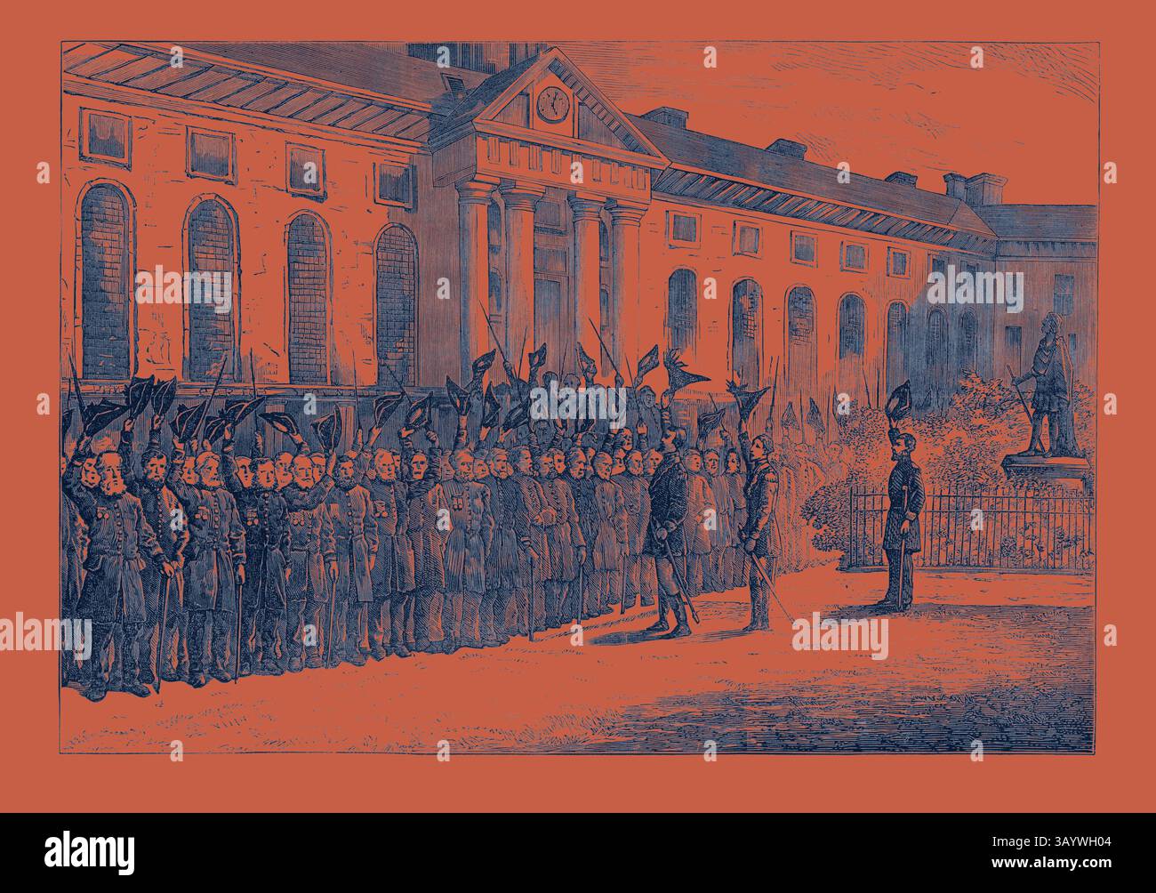 Eine historische Szene, die eine Militärparade vor einem großen Gebäude darstellt, mit Soldaten in Formation, die Fahnen halten und einen Kommandanten auf sie gerichtet haben. Im Hintergrund trägt eine Gedenkstatue zur feierlichen Atmosphäre bei. King Charles's Day, Chelsea Hospital, UK Klassische Kunst mit einem modernen Twist von Artotop neu interpretiert Stockfoto