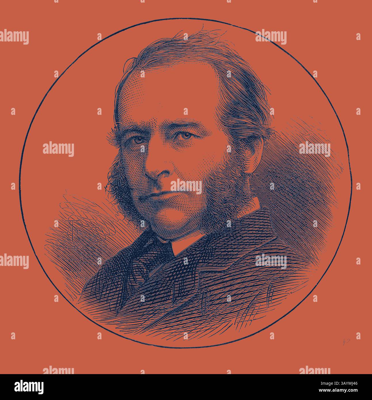 Ein angesehener Gentleman mit markanten Koteletten und einem nachdenklichen Ausdruck, in formeller Kleidung gekleidet, ist von einer kreisrunden Grenze eingerahmt. Die komplizierten Details seines Haares und seiner Kleidung deuten auf eine Person von Bedeutung aus einer vergangenen Zeit hin. Mr. A. G. Marten, M.P. für Cambridge Classic Art mit einem modernen Twist, der von Artotop neu interpretiert wurde Stockfoto